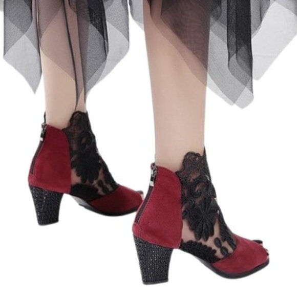 Jsaierl Womens Peep Toe Ankle Bootie Maroon Suede Black Lace 38 7.5 - Picture 2 of 9